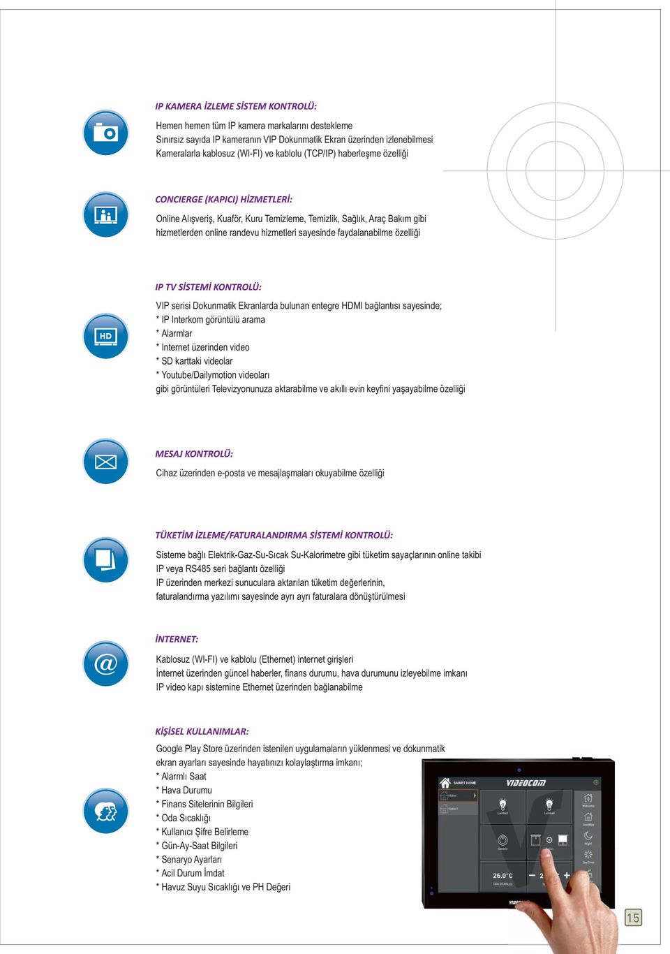 bağlantısı sayesinde; * IP Interkom görüntülü arama * Alarmlar * Internet üzerinden video * SD karttaki videolar * Youtube/Dailymotion videoları gibi görüntüleri Televizyonunuza aktarabilme ve akıllı