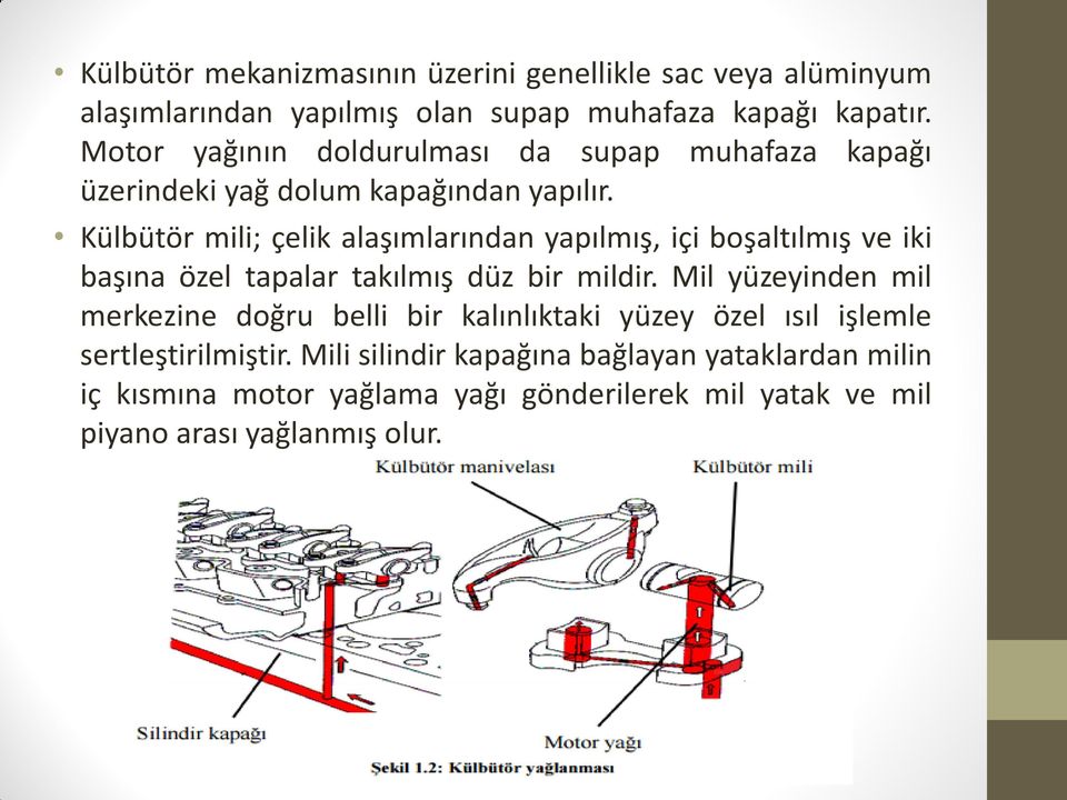 Külbütör mili; çelik alaşımlarından yapılmış, içi boşaltılmış ve iki başına özel tapalar takılmış düz bir mildir.