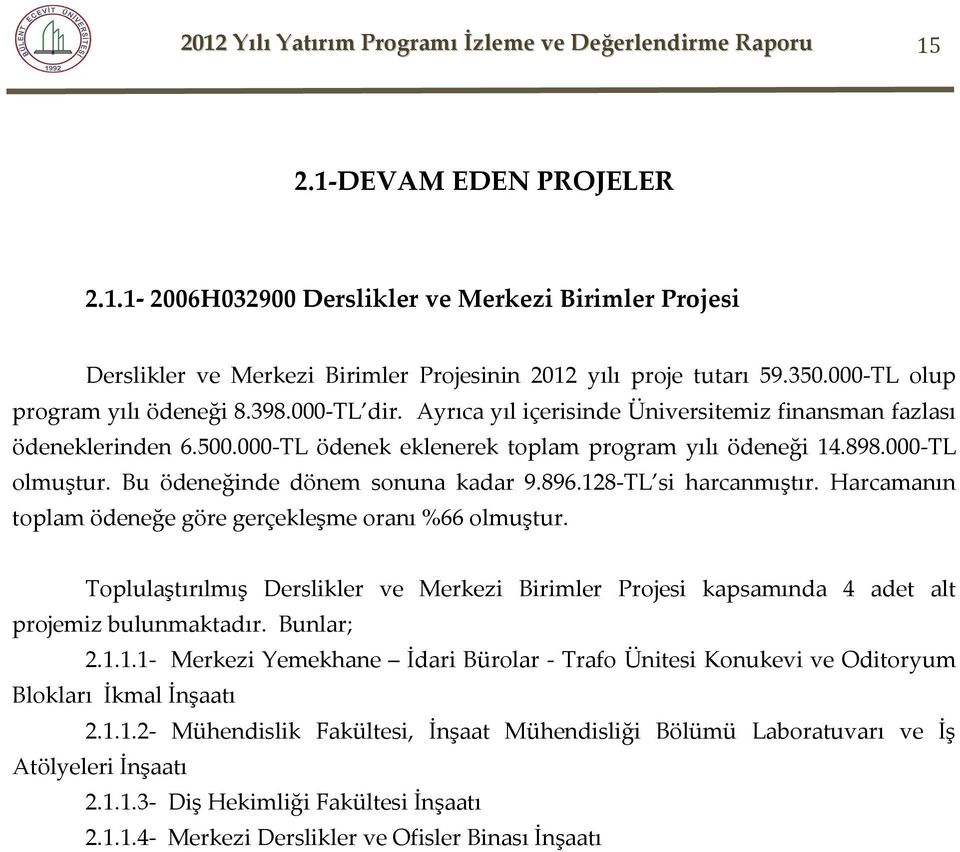 000-TL olmuştur. Bu ödeneğinde dönem sonuna kadar 9.896.128-TL si harcanmıştır. Harcamanın toplam ödeneğe göre gerçekleşme oranı %66 olmuştur.