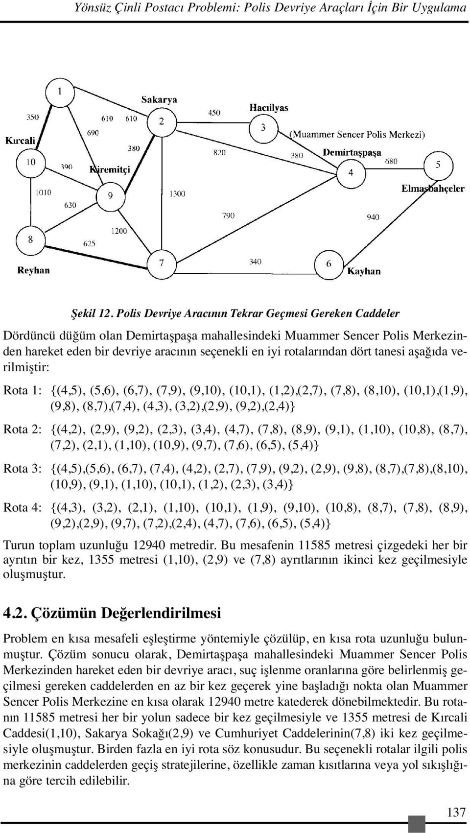 dört tanesi aşağıda verilmiştir: Rota 1: {(4,5), (5,6), (6,7), (7,9), (9,10), (10,1), (1,2),(2,7), (7,8), (8,10), (10,1),(1,9), (9,8), (8,7),(7,4), (4,3), (3,2),(2,9), (9,2),(2,4)} Rota 2: {(4,2),