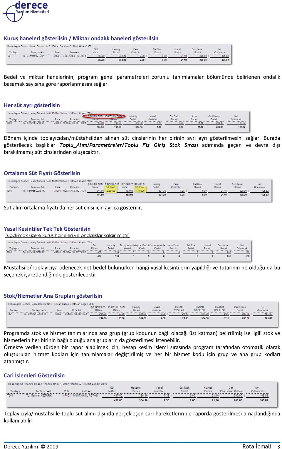 Burada gösterilecek başlıklar Toplu_Alım/Parametreler/Toplu Fiş Giriş Stok Sırası adımında geçen ve devre dışı bırakılmamış süt cinslerinden oluşacaktır.