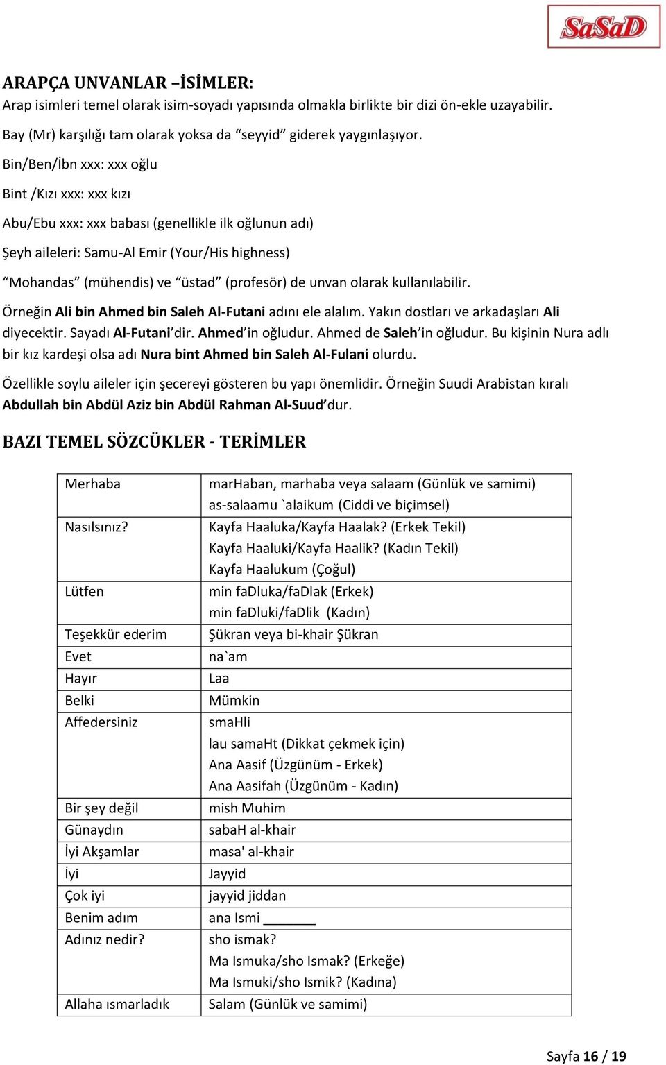 unvan olarak kullanılabilir. Örneğin Ali bin Ahmed bin Saleh Al-Futani adını ele alalım. Yakın dostları ve arkadaşları Ali diyecektir. Sayadı Al-Futani dir. Ahmed in oğludur.