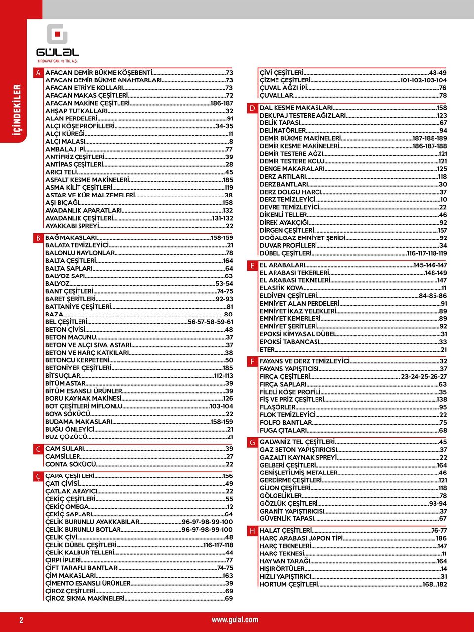 ..45 ASFALT KESME MAKİNELERİ...85 ASMA KİLİT ÇEŞİTLERİ...9 ASTAR VE KÜR MALZEMELERİ...38 AŞI BIÇAĞI...58 AVADANLIK APARATLARI...3 AVADANLIK ÇEŞİTLERİ...3-3 AYAKKABI SPREYİ... BAĞ MAKASLARI.