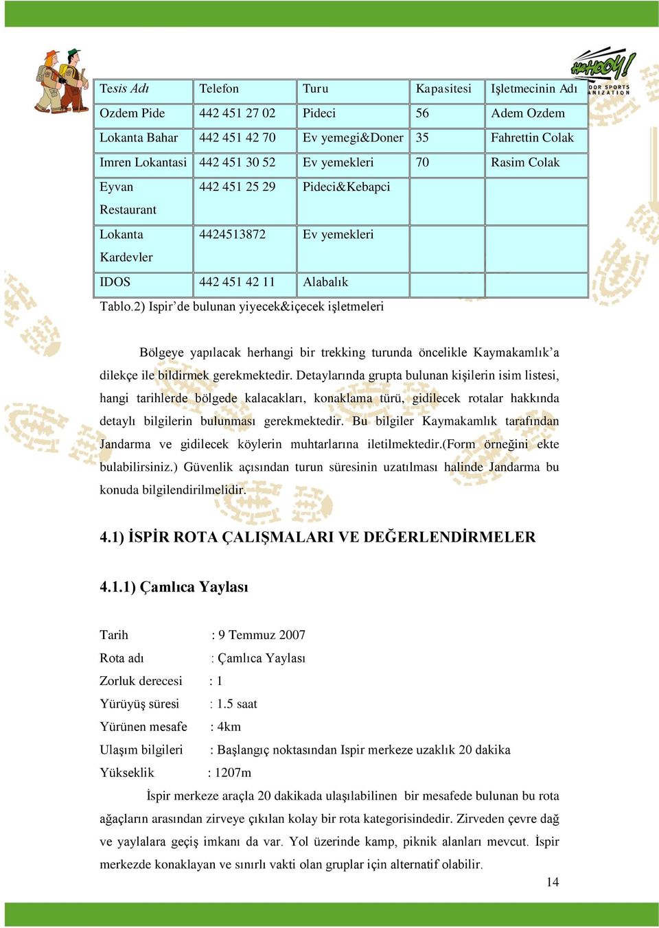 2) Ispir de bulunan yiyecek&içecek iģletmeleri Bölgeye yapılacak herhangi bir trekking turunda öncelikle Kaymakamlık a dilekçe ile bildirmek gerekmektedir.