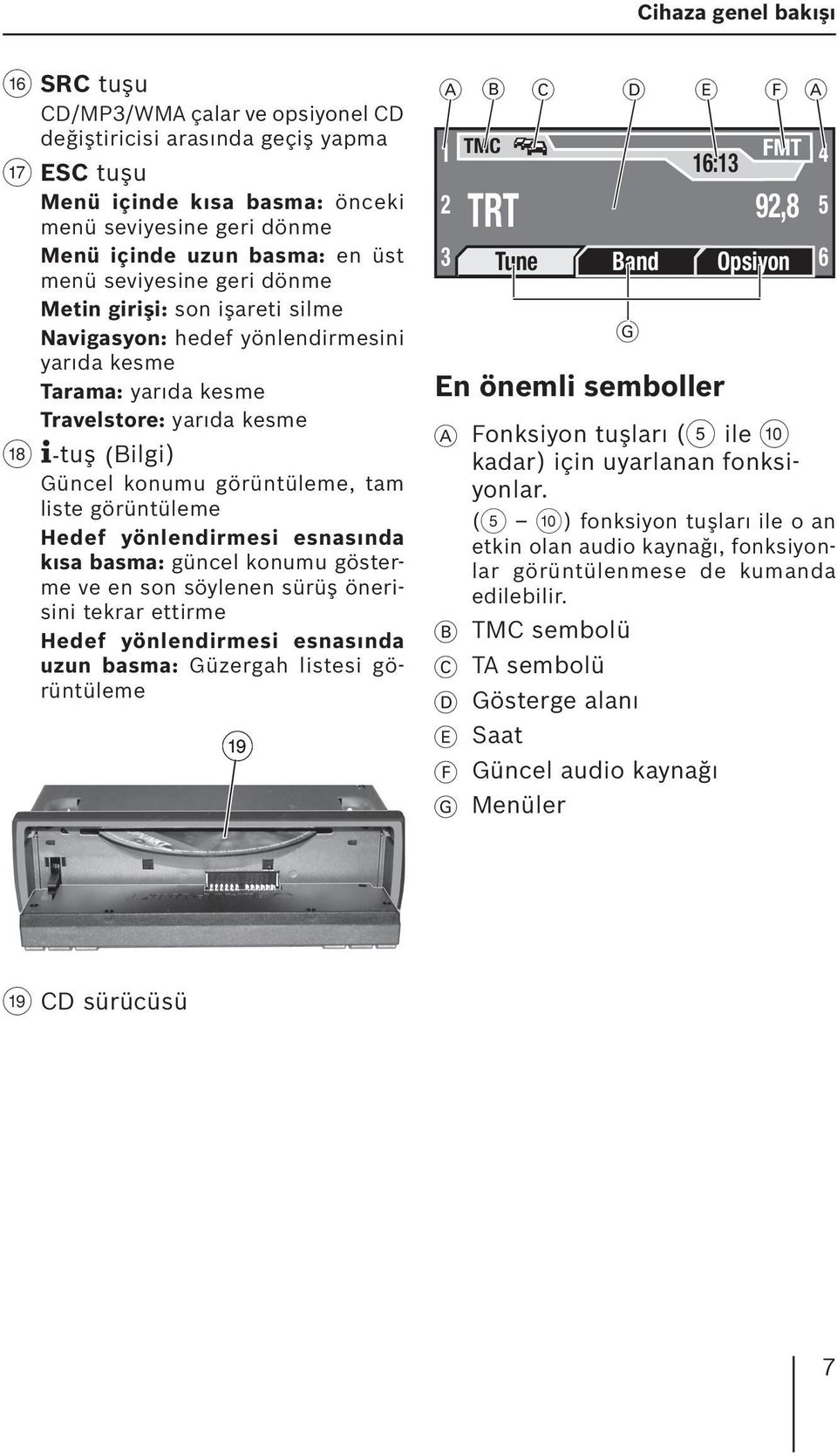 liste görüntüleme Hedef yönlendirmesi esnasında kısa basma: güncel konumu gösterme ve en son söylenen sürüş önerisini tekrar ettirme Hedef yönlendirmesi esnasında uzun basma: Güzergah listesi