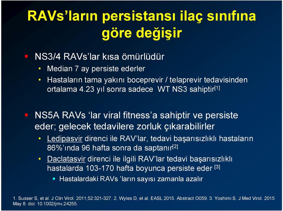 başarısızlıklı hastaların 86% ında 96 hafta sonra da saptanır [2] Daclatasvir direnci ile ilgili RAV lar tedavi başarısızlıklı hastalarda 103-170 hafta boyunca persiste eder [3]