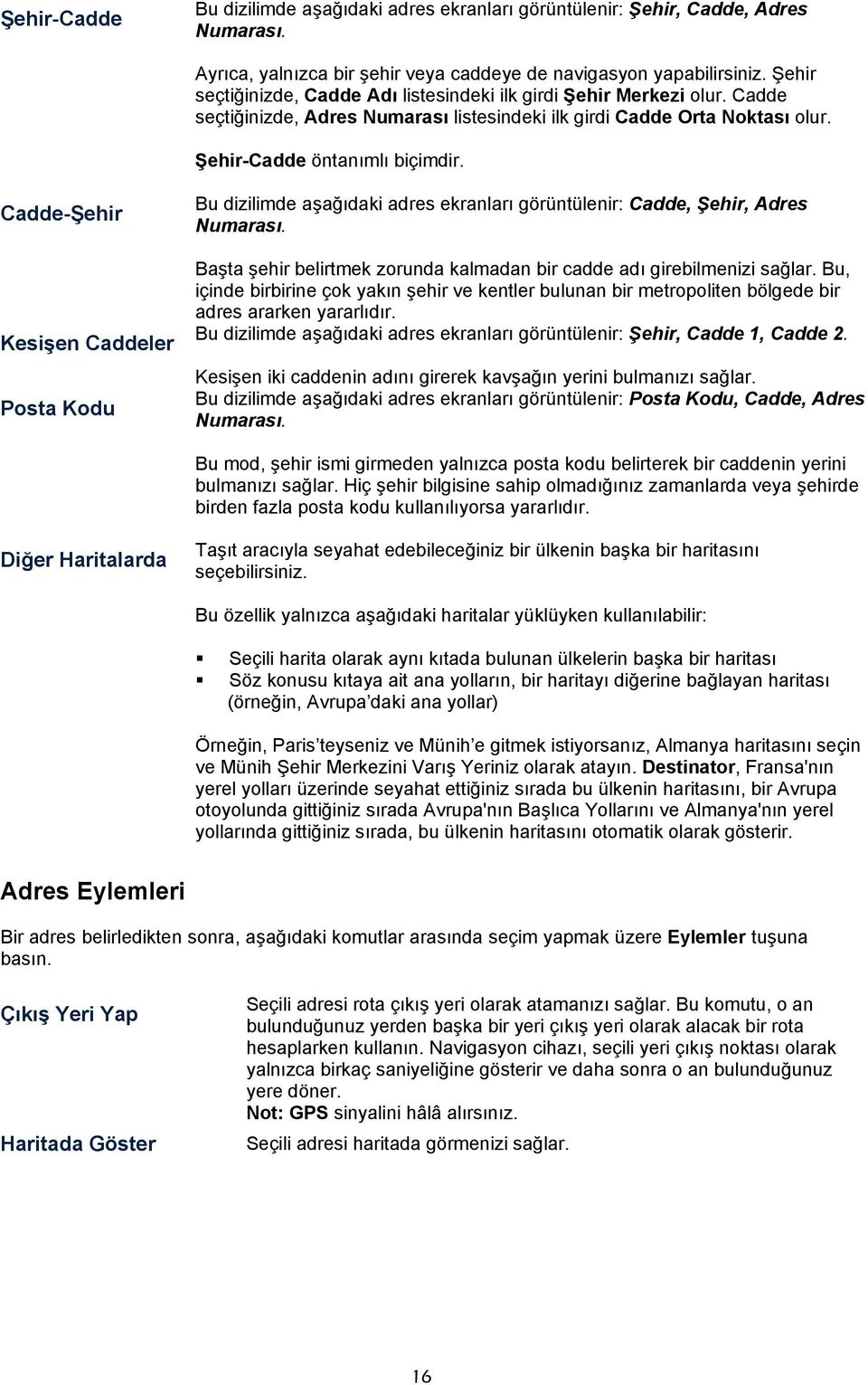 Cadde-Şehir Kesişen Caddeler Posta Kodu Bu dizilimde aşağıdaki adres ekranları görüntülenir: Cadde, Şehir, Adres Numarası. Başta şehir belirtmek zorunda kalmadan bir cadde adı girebilmenizi sağlar.