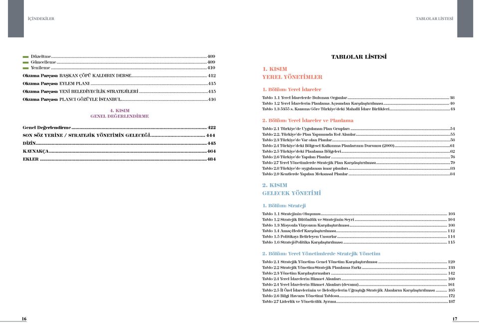 .. 422 SON SÖZ YERİNE / STRATEJİK YÖNETİMİN GELECEĞİ... 444 Dizin...445 Kaynakça...464 Ekler...484 1. Kısım Yerel Yönetimler 1. Bölüm: Yerel İdareler TABLOLAR LİSTESİ Tablo 1.