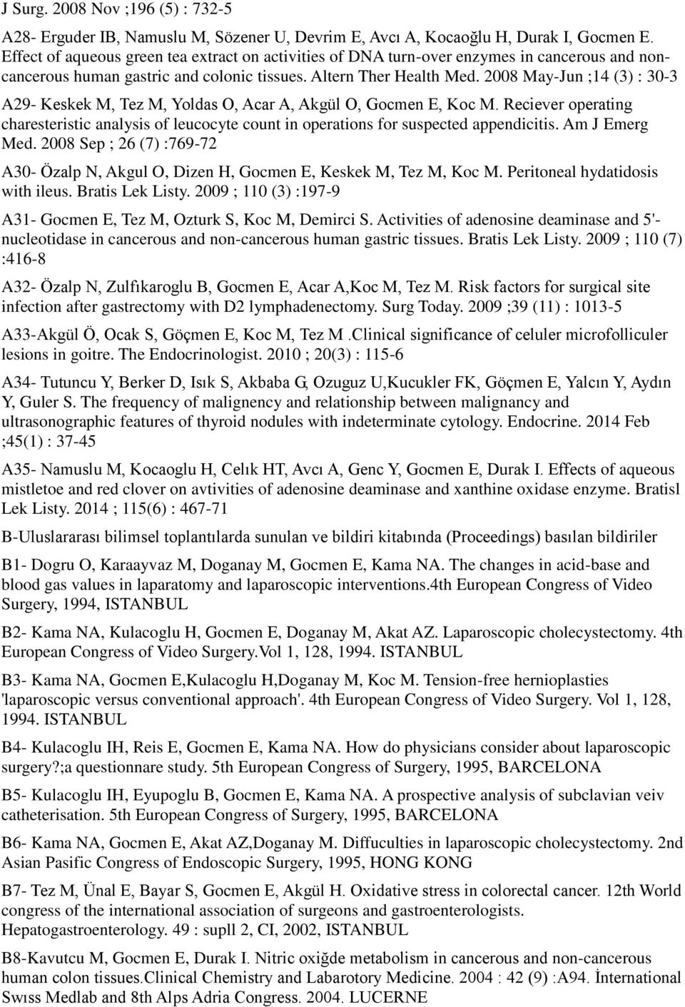 2008 May-Jun ;14 (3) : 30-3 A29- Keskek M, Tez M, Yoldas O, Acar A, Akgül O, Gocmen E, Koc M. Reciever operating charesteristic analysis of leucocyte count in operations for suspected appendicitis.
