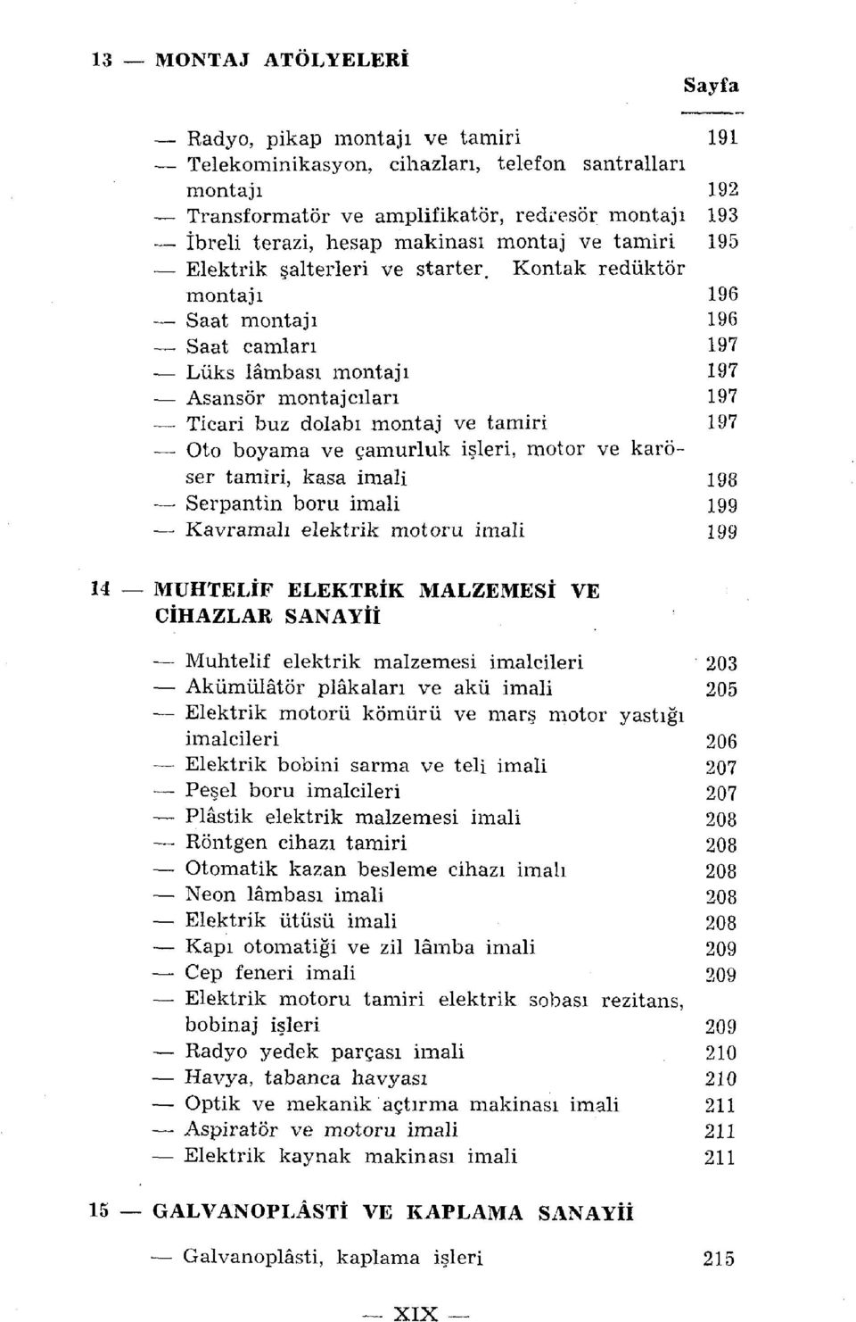 Kontak redüktör montajı 196 Saat montajı 196 Saat camları 197 Lüks lâmbası montajı 197 Asansör montajcıları 197 Ticari buz dolabı montaj ve tamiri 197 Oto boyama ve çamurluk işleri, motor ve karoser