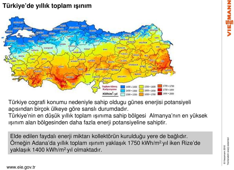 Türkiye nin en düşük yıllık toplam ışınıma sahip bölgesi Almanya nın en yüksek ışınım alan bölgesinden daha fazla enerji