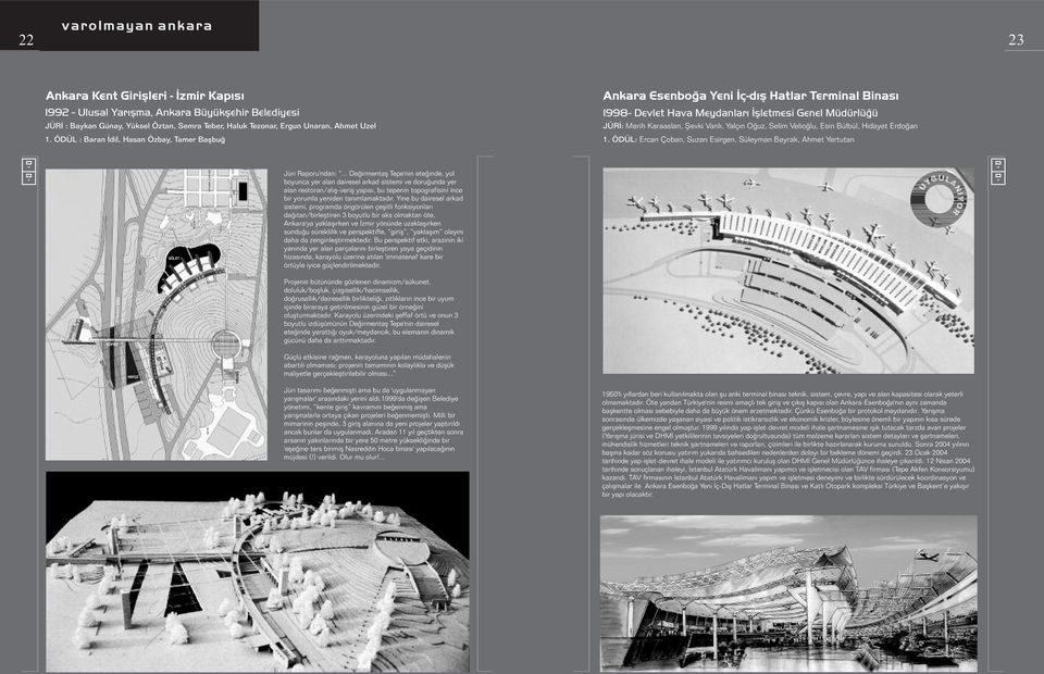 ÖDÜL : Baran Ýdil, Hasan Özbay, Tamer Baþbuð Ankara Esenboða Yeni Ýç-dýþ Hatlar Terminal Binasý 1998- Devlet Hava Meydanlarý Ýþletmesi Genel Müdürlüðü JÜRÝ: Merih Karaaslan, Þevki Vanlý, Yalçýn Oðuz,