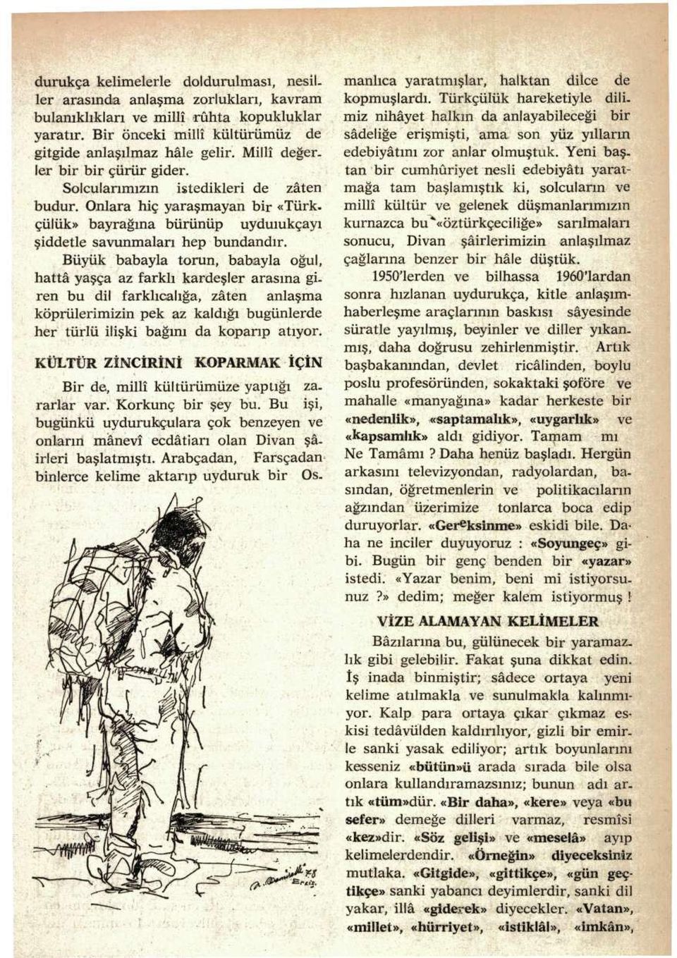 Büyük babayla torun, babayla oğul, hattâ yaşça az farklı kardeşler arasına giren bu dil farklıcalığa, zâten anlaşma köprülerimizin pek az kaldığı bugünlerde her türlü ilişki bağını da koparıp atıyor.