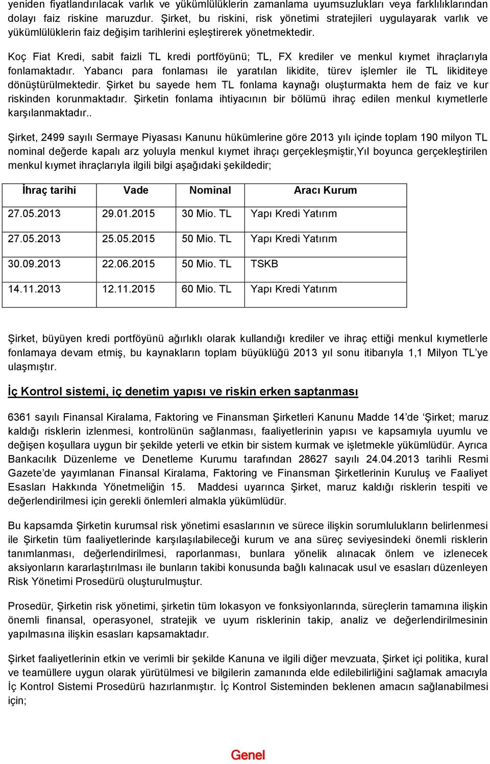 Koç Fiat Kredi, sabit faizli TL kredi portföyünü; TL, FX krediler ve menkul kıymet ihraçlarıyla fonlamaktadır.