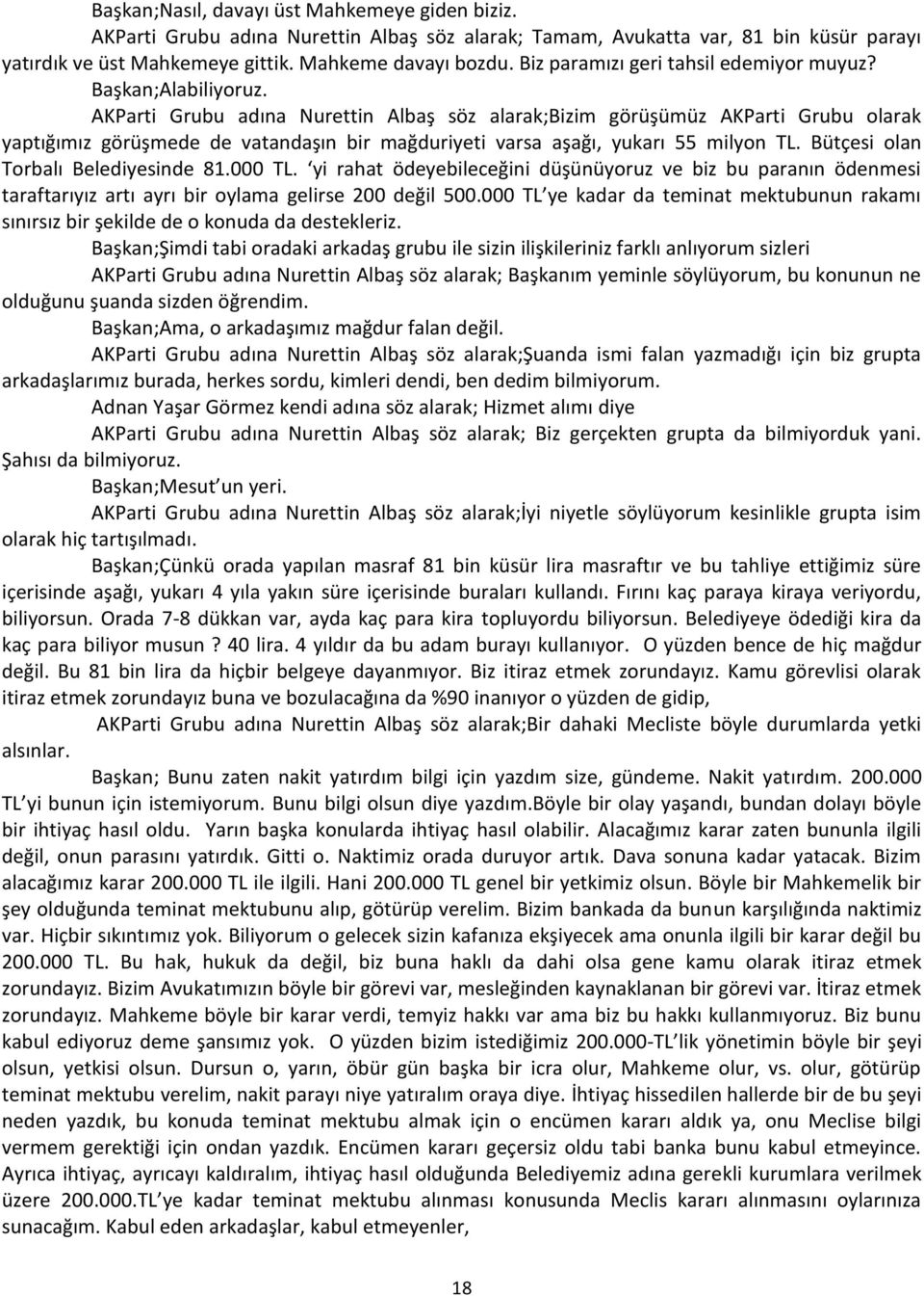 AKParti Grubu adına Nurettin Albaş söz alarak;bizim görüşümüz AKParti Grubu olarak yaptığımız görüşmede de vatandaşın bir mağduriyeti varsa aşağı, yukarı 55 milyon TL.