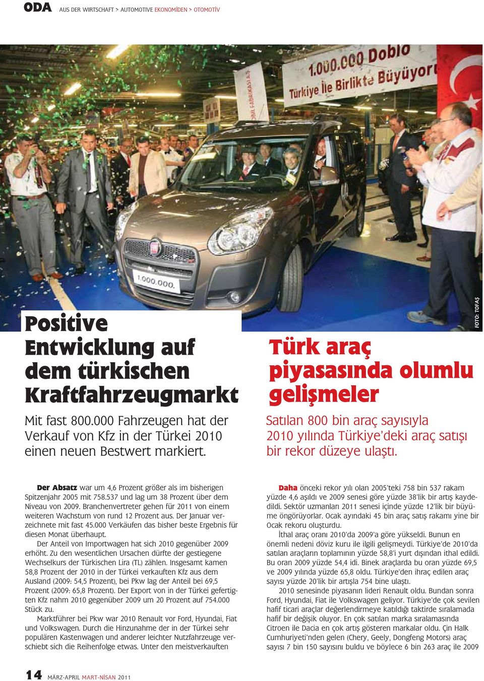 Türk araç piyasasında olumlu gelişmeler Satılan 800 bin araç sayısıyla 2010 yılında Türkiye deki araç satışı bir rekor düzeye ulaştı.