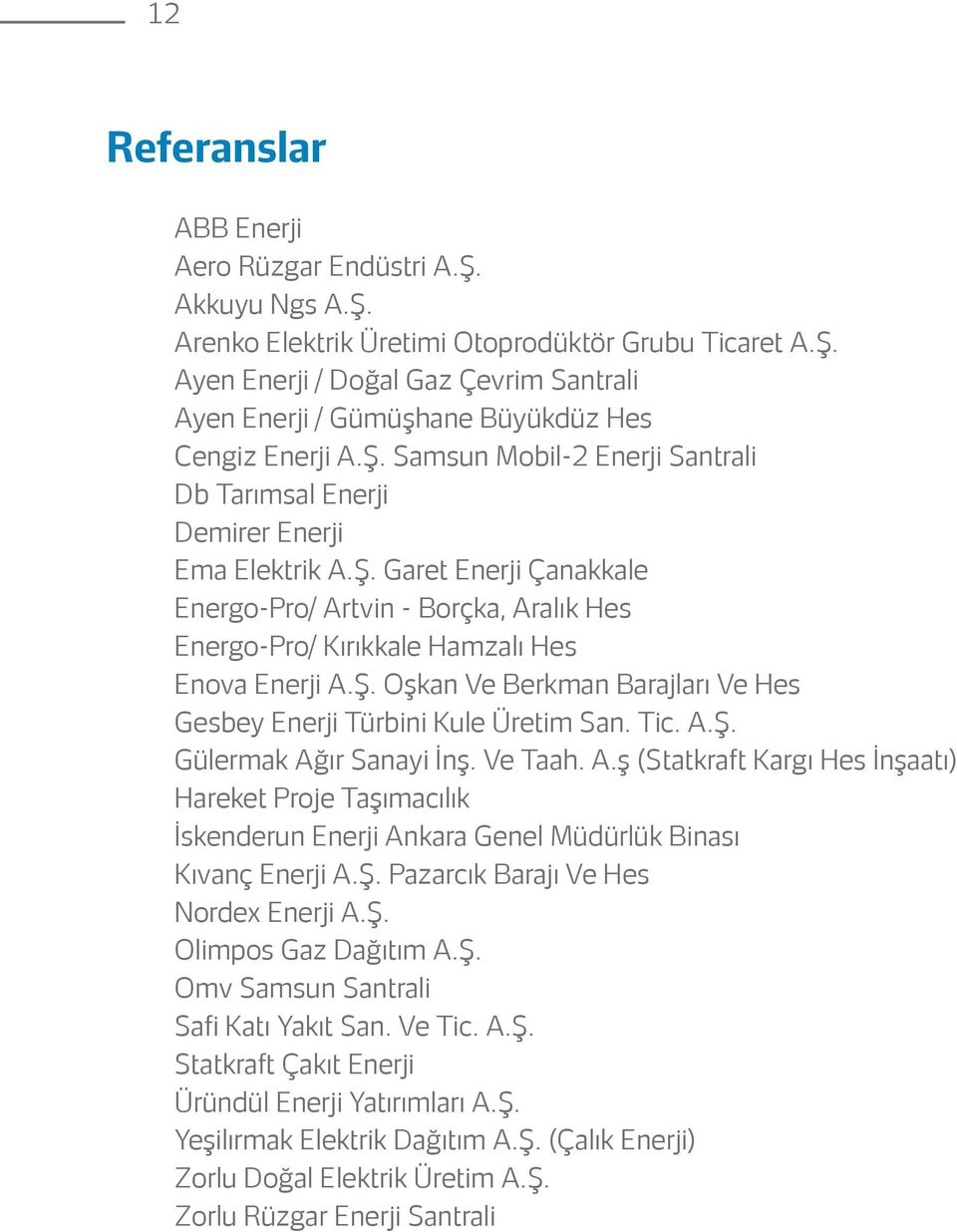 Tic. A.Ş. Gülermak Ağır Sanayi İnş. Ve Taah. A.ş (Statkraft Kargı Hes İnşaatı) Hareket Proje Taşımacılık İskenderun Enerji Ankara Genel Müdürlük Binası Kıvanç Enerji A.Ş. Pazarcık Barajı Ve Hes Nordex Enerji A.