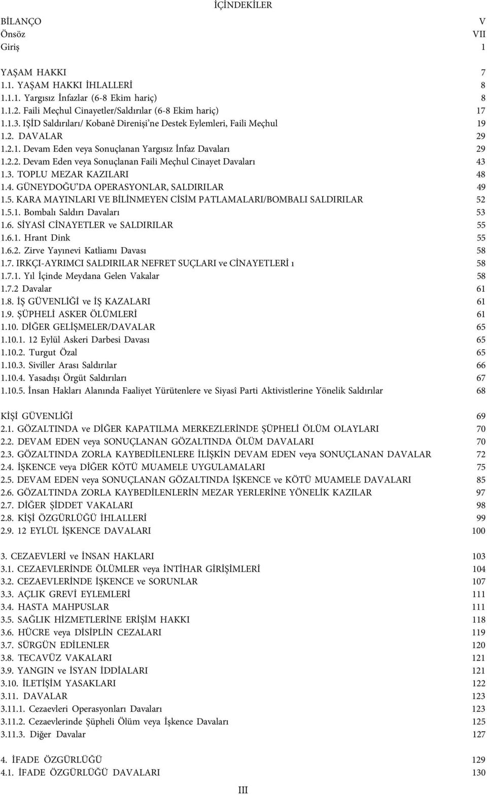 3. TOPLU MEZAR KAZILARI 48 1.4. GÜNEYDOĞU DA OPERASYONLAR, SALDIRILAR 49 1.5. KARA MAYINLARI VE BİLİNMEYEN CİSİM PATLAMALARI/BOMBALI SALDIRILAR 52 1.5.1. Bombalı Saldırı Davaları 53 1.6.