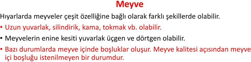 Meyvelerin enine kesiti yuvarlak üçgen ve dörtgen olabilir.