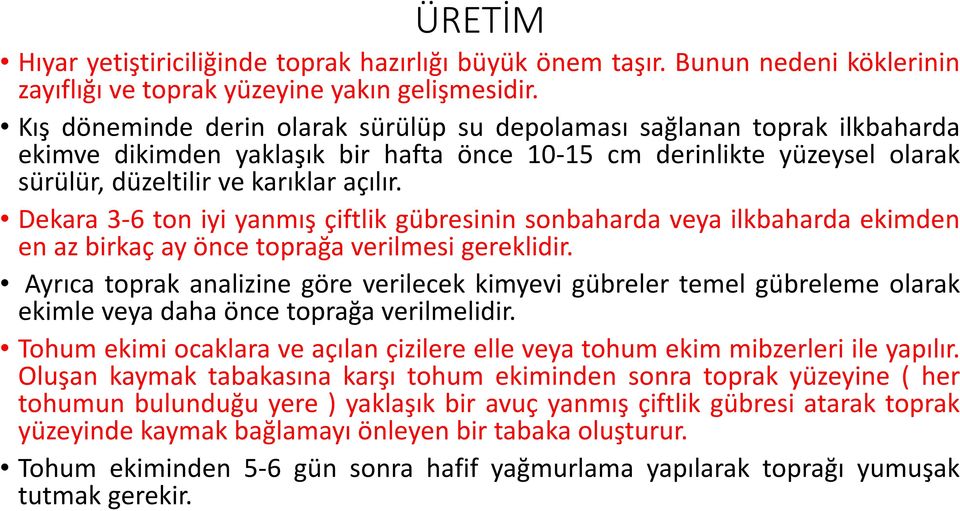 Dekara 3-6 ton iyi yanmış çiftlik gübresinin sonbaharda veya ilkbaharda ekimden en az birkaç ay önce toprağa verilmesi gereklidir.