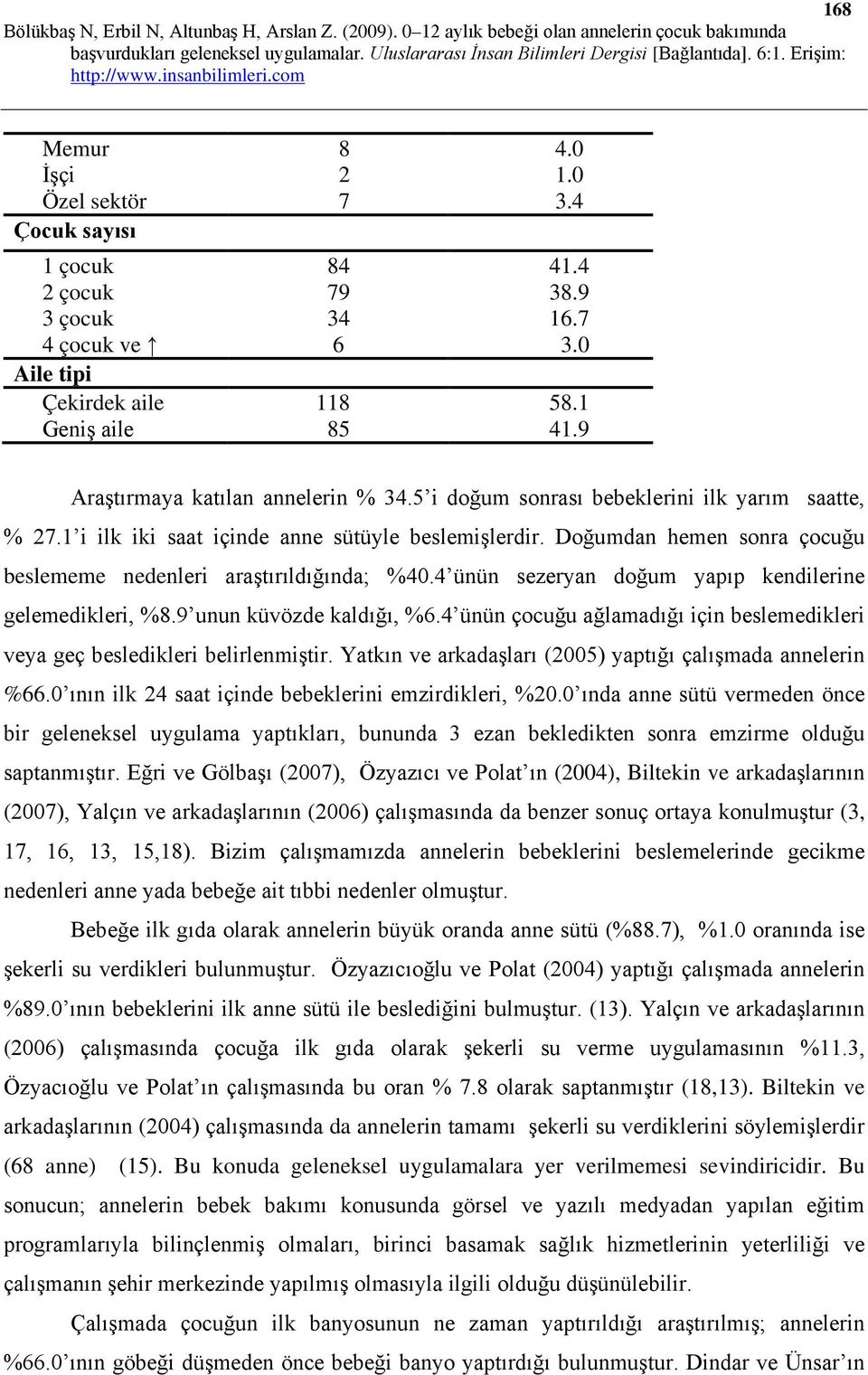 Doğumdan hemen sonra çocuğu beslememe nedenleri araştırıldığında; %40.4 ünün sezeryan doğum yapıp kendilerine gelemedikleri, %8.9 unun küvözde kaldığı, %6.