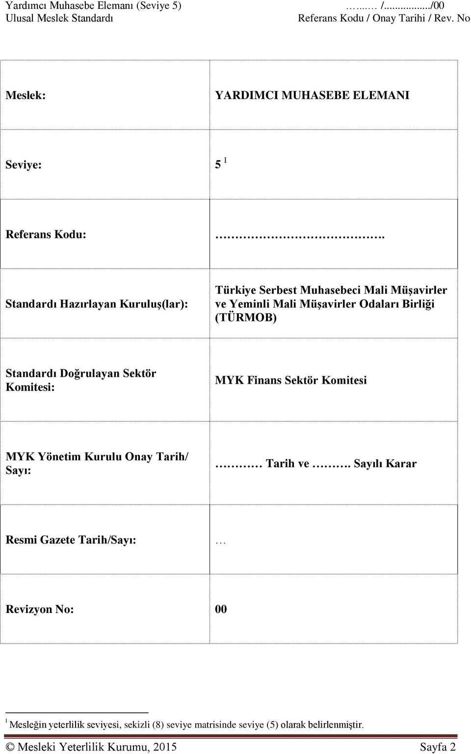 Standardı Doğrulayan Sektör Komitesi: MYK Finans Sektör Komitesi MYK Yönetim Kurulu Onay Tarih/ Sayı: Tarih ve.