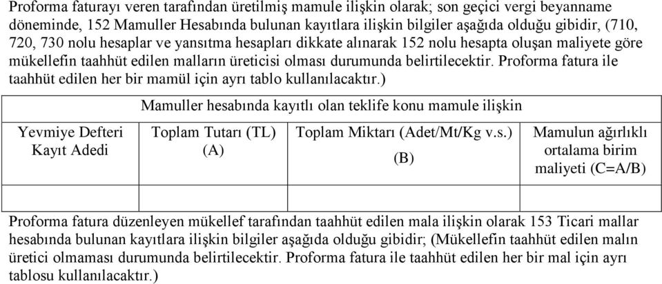 Proforma fatura ile taahhüt edilen her bir mamül için ayrı tablo kullanılacaktır.