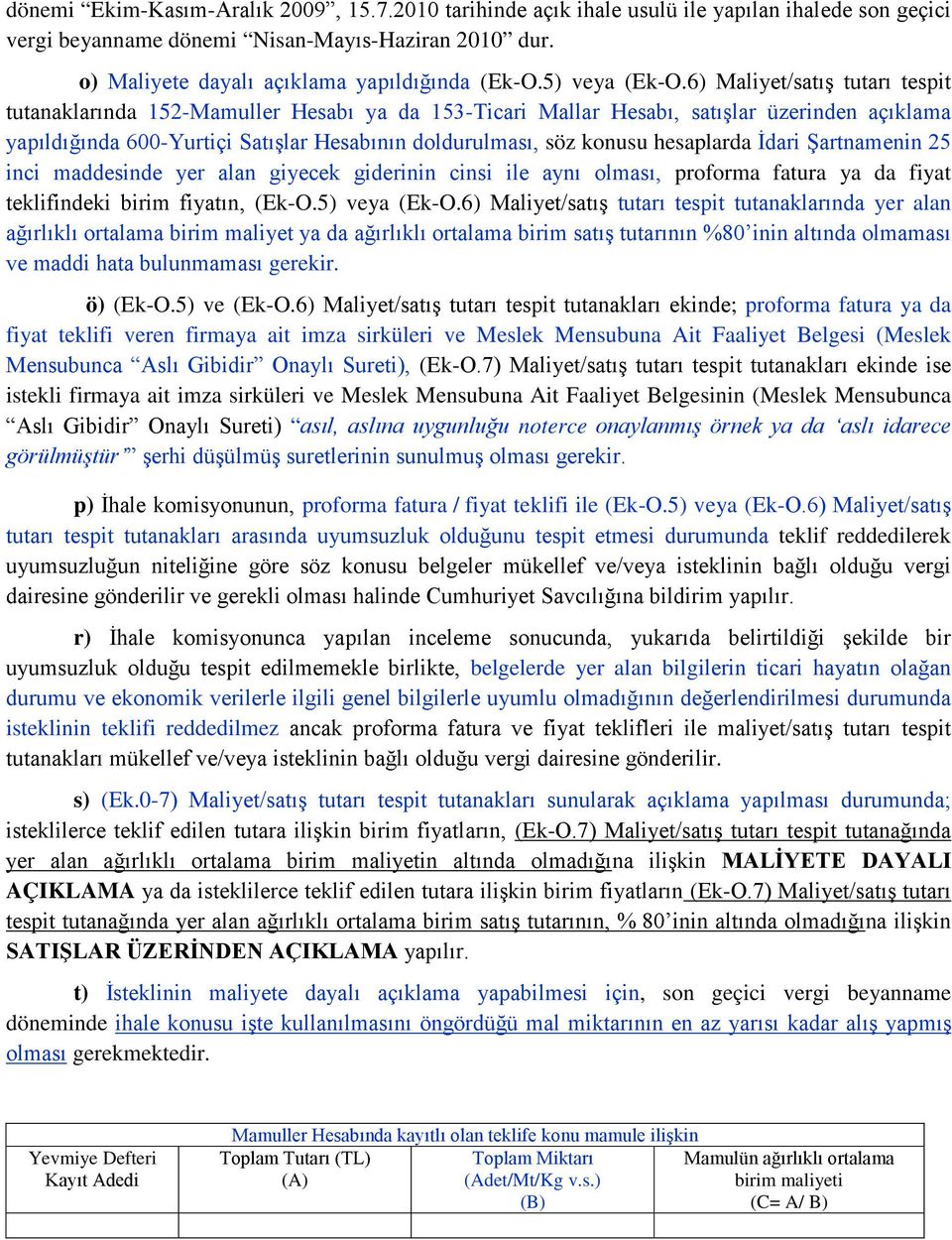 6) Maliyet/satış tutarı tespit tutanaklarında 152-Mamuller Hesabı ya da 153-Ticari Mallar Hesabı, satışlar üzerinden açıklama yapıldığında 600-Yurtiçi Satışlar Hesabının doldurulması, söz konusu