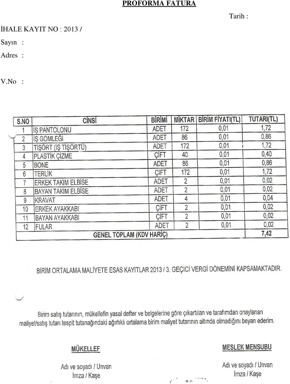 Adres : PROFORMA