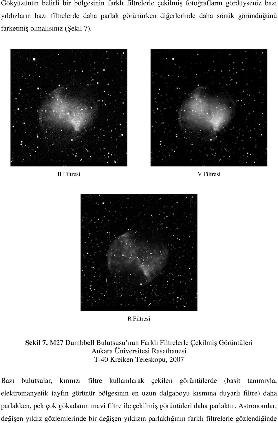 M27 Dumbbell Bulutsusu nun Farklı Filtrelerle Çekilmiş Görüntüleri Ankara Üniversitesi Rasathanesi T-40 Kreiken Teleskopu, 2007 Bazı bulutsular, kırmızı filtre kullanılarak çekilen