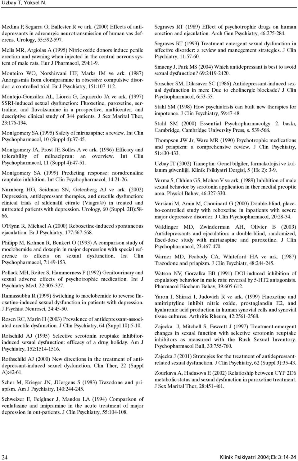 Monteiro WO, Norshirvani HF, Marks IM ve ark. (1987) Anorgasmia from clomipramine in obsessive compulsive disorder: a controlled trial. Br J Psychiatry, 151:107-112.