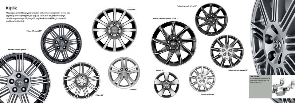 Adeona 17" Podium II Antrasit işlemeli 16" ve 17" Podium II Antrasit 16" ve 17" Pitlane II Antrasit 17" Pitlane II Antrasit işlemeli 17" Herana