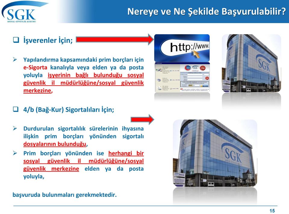 bulunduğu sosyal güvenlik il müdürlüğüne/sosyal güvenlik merkezine, 4/b (Bağ-Kur) Sigortalıları İçin; Durdurulan sigortalılık