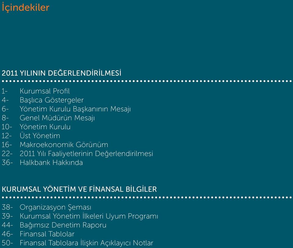 Faaliyetlerinin Değerlendirilmesi 36- Halkbank Hakkında KURUMSAL YÖNETİM VE FİNANSAL BİLGİLER 38- Organizasyon Şeması