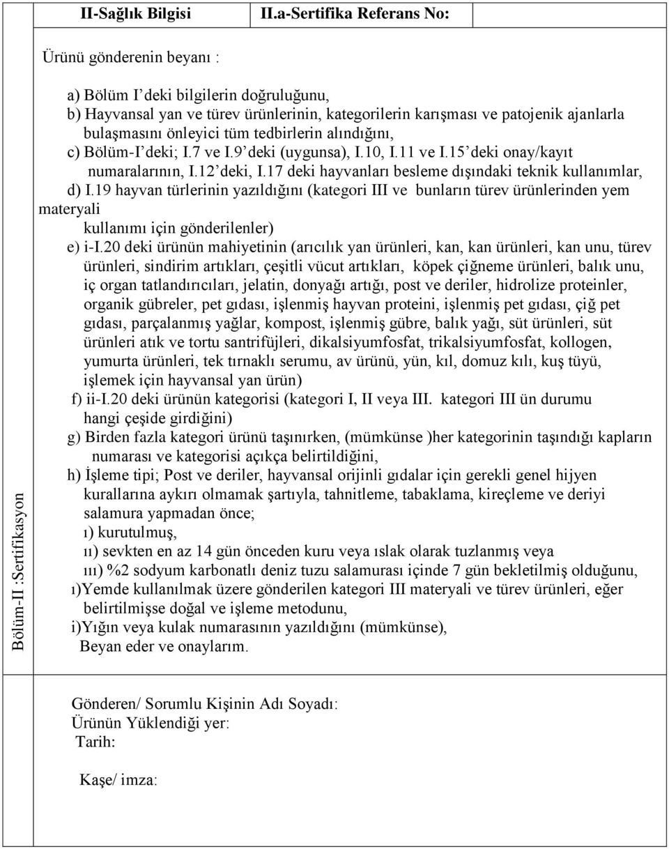 tüm tedbirlerin alındığını, c) Bölüm-I deki; I.7 ve I.9 deki (uygunsa), I.10, I.11 ve I.15 deki onay/kayıt numaralarının, I.12 deki, I.17 deki hayvanları besleme dıģındaki teknik kullanımlar, d) I.