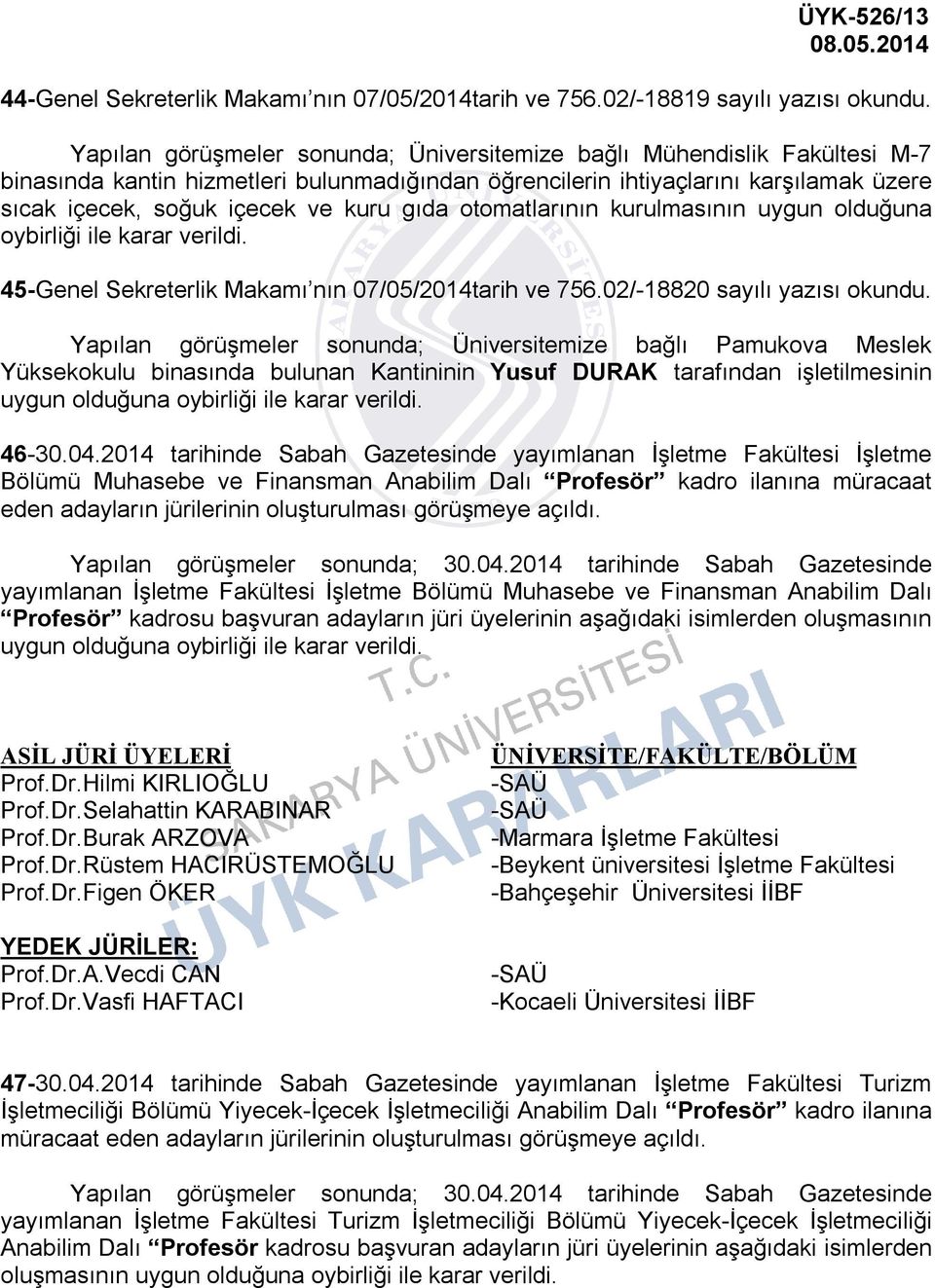 gıda otomatlarının kurulmasının uygun olduğuna oybirliği ile karar verildi. 45-Genel Sekreterlik Makamı nın 07/05/2014tarih ve 756.02/-18820 sayılı yazısı okundu.