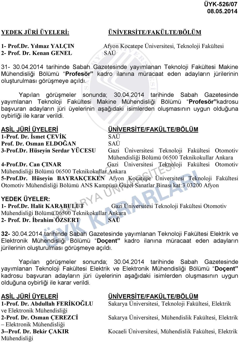 yayımlanan Teknoloji Fakültesi Makine Mühendisliği Bölümü Profesör kadrosu başvuran adayların jüri üyelerinin aşağıdaki isimlerden oluşmasının uygun olduğuna oybirliği ile karar verildi. 1-Prof. Dr.