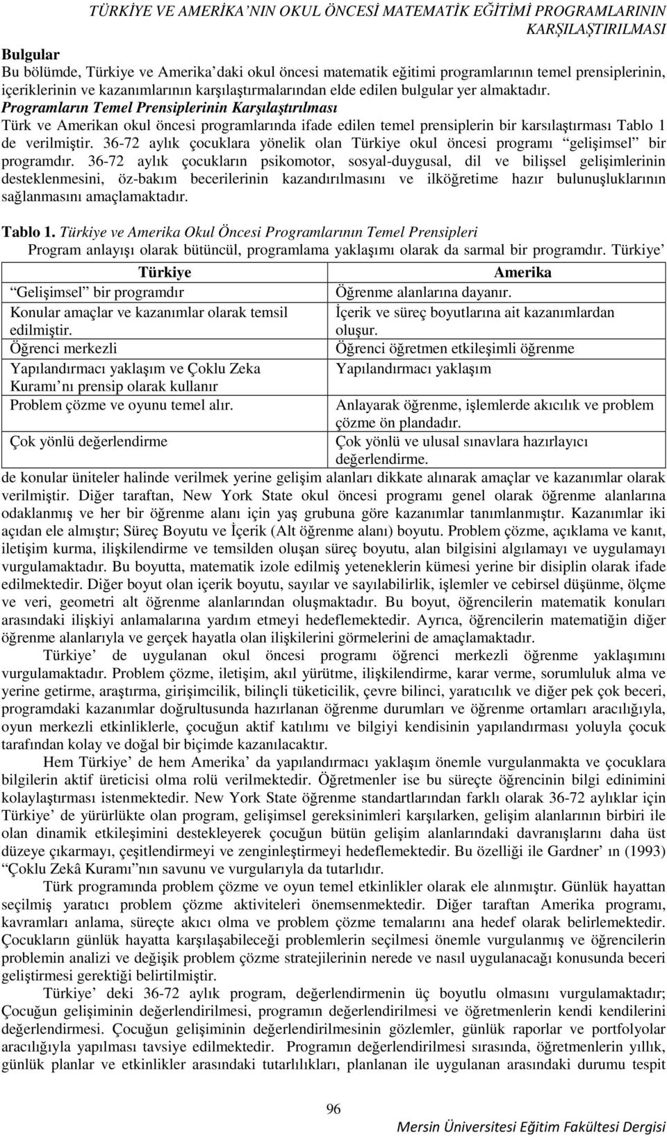 Programların Temel Prensiplerinin Karşılaştırılması Türk ve n okul öncesi programlarında ifade edilen temel prensiplerin bir karsılaştırması Tablo 1 de verilmiştir.