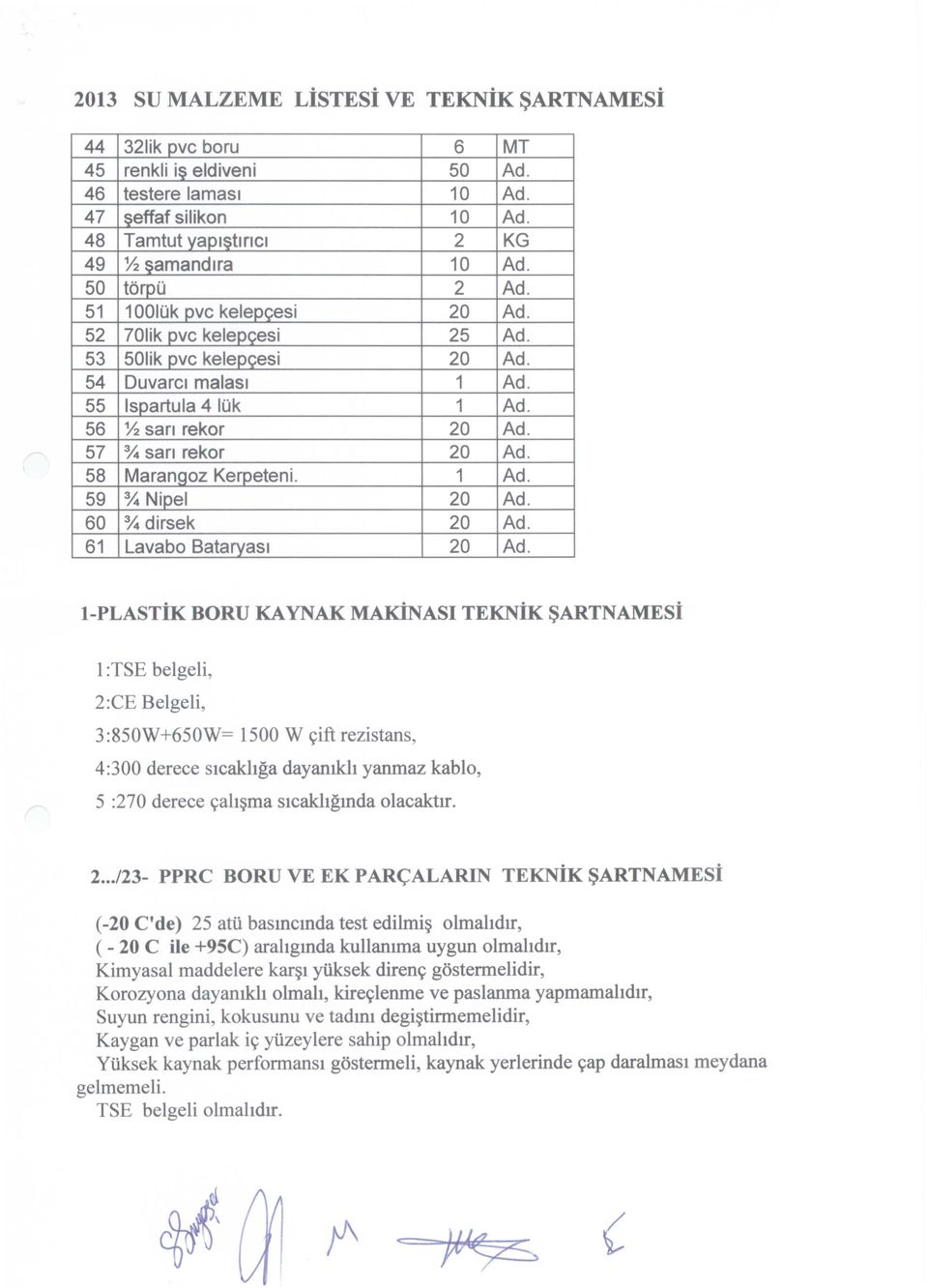 58 MaranQoz Kerpeteni. 1 Ad. 59 % Nipel 20 Ad. 60 % dirsek 20 Ad. 61 Lavabo Bataryasl 20 Ad.