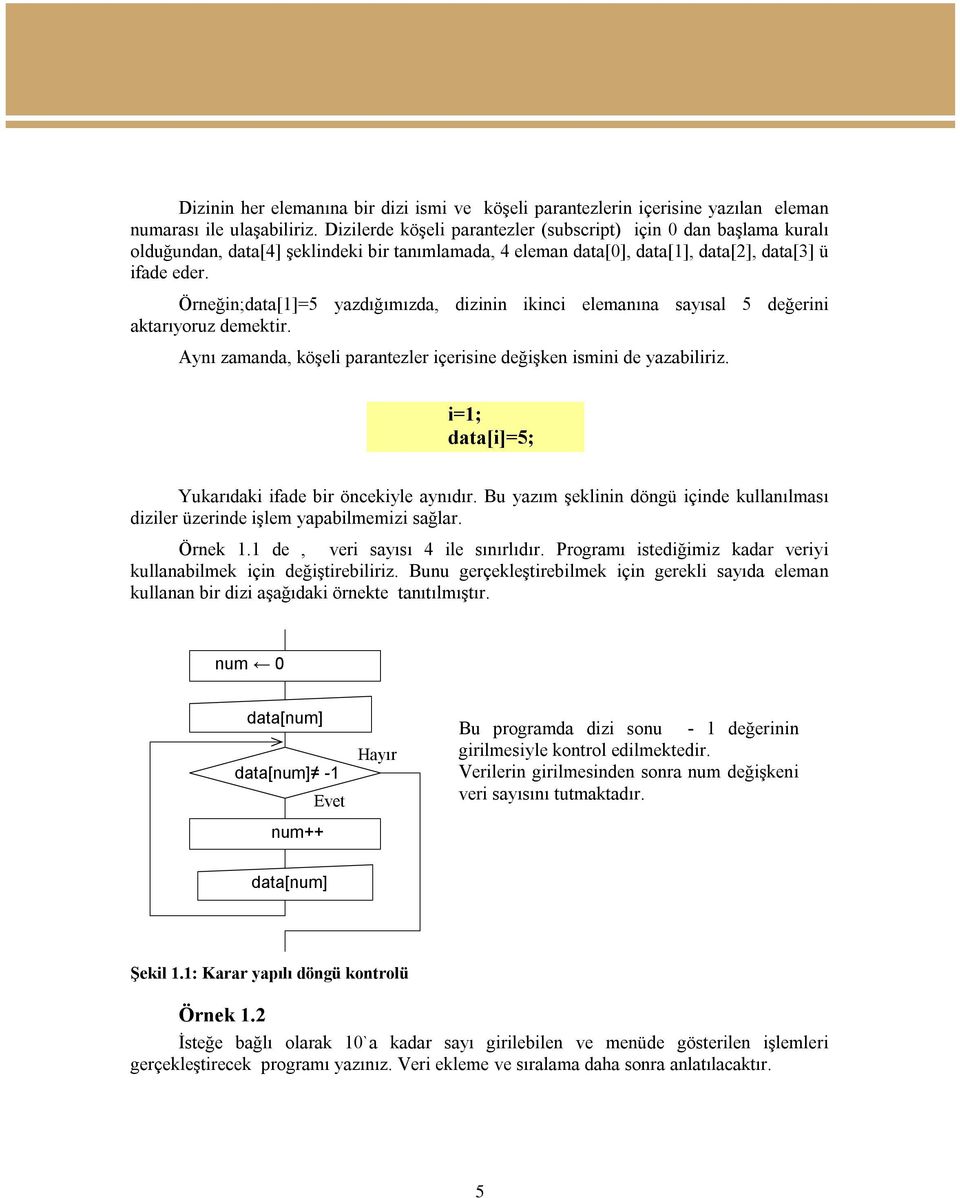 Örneğin;data[1]=5 yazdığımızda, dizinin ikinci elemanına sayısal 5 değerini aktarıyoruz demektir. Aynı zamanda, köşeli parantezler içerisine değişken ismini de yazabiliriz.