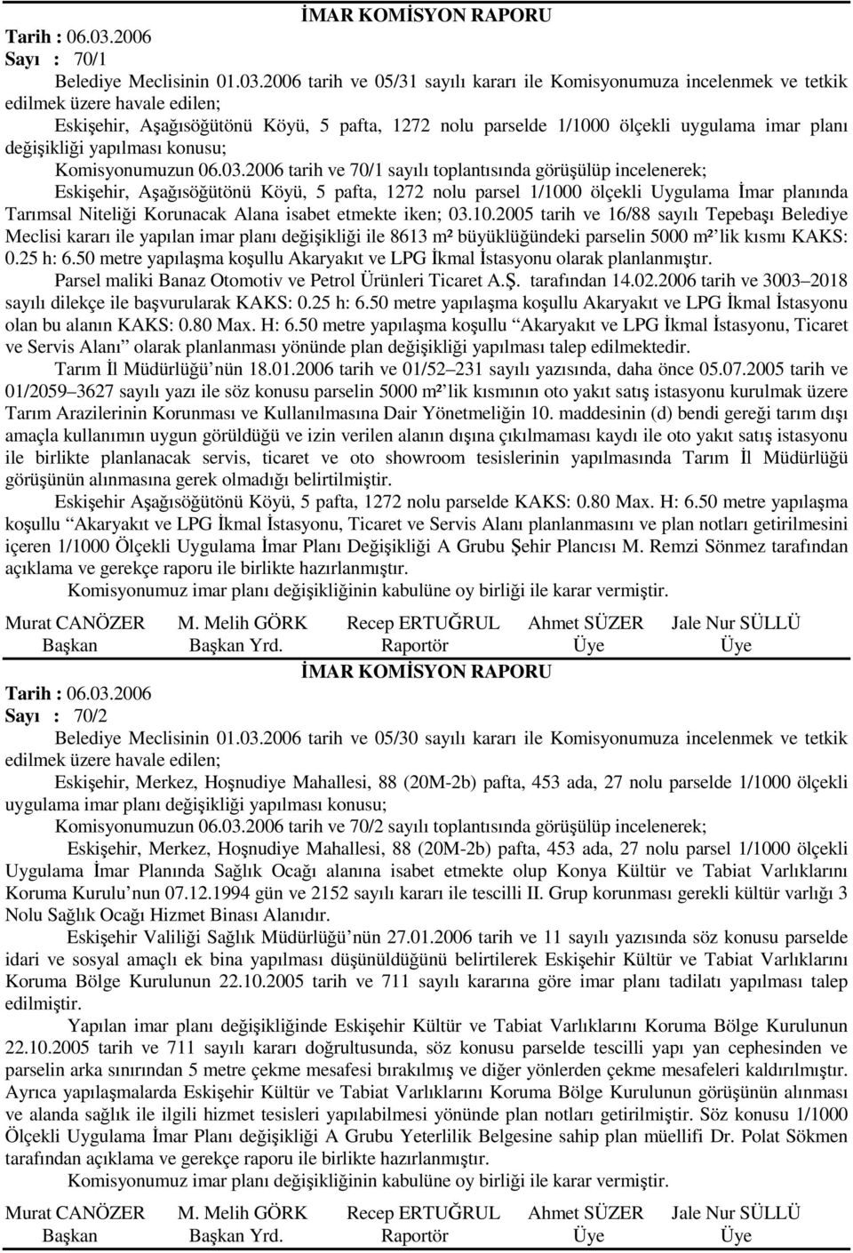 2006 tarih ve 05/31 sayılı kararı ile Komisyonumuza incelenmek ve tetkik Eskişehir, Aşağısöğütönü Köyü, 5 pafta, 1272 nolu parselde 1/1000 ölçekli uygulama imar planı değişikliği yapılması konusu;