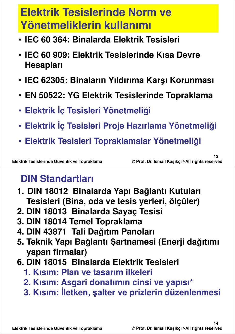 DN 1801 Binalarda Yapı Bağlantı Kutuları Tesisleri (Bina, oda ve tesis yerleri, ölçüler). DN 18013 Binalarda Sayaç Tesisi 3. DN 18014 Temel Topraklama 4. DN 43871 Tali Dağıtım Panoları 5.