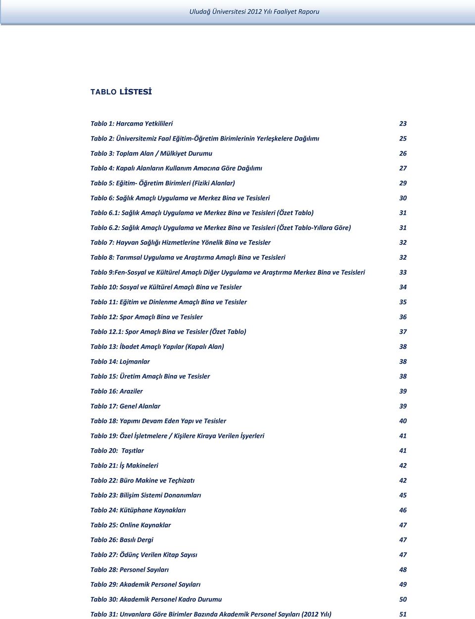 1: Sağlık Amaçlı Uygulama ve Merkez Bina ve Tesisleri (Özet Tablo) 31 Tablo 6.