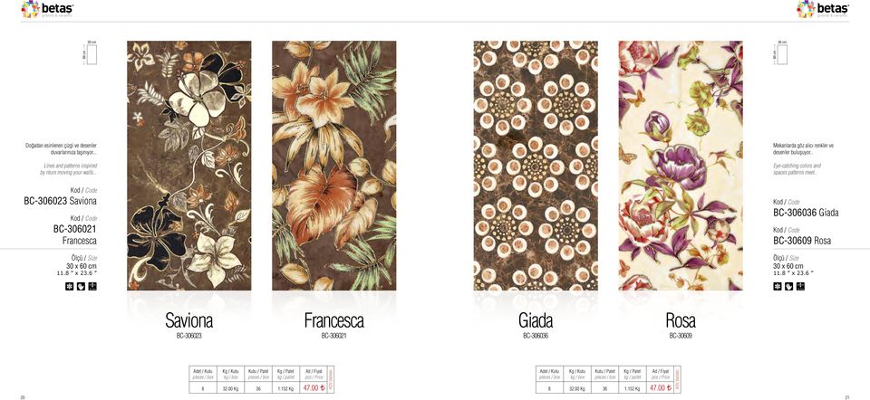 . Eye-catching colors and spaces patterns meet.. BC-306023 Saviona BC-306021 Francesca 30 x 11.8 x 23.