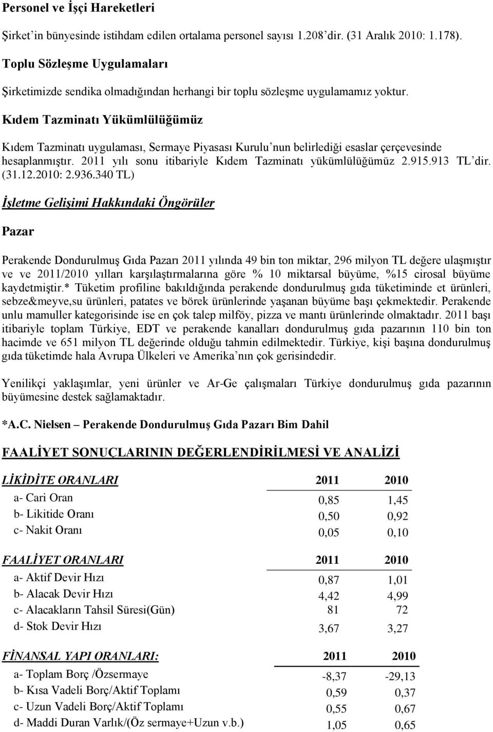 Kıdem Tazminatı Yükümlülüğümüz Kıdem Tazminatı uygulaması, Sermaye Piyasası Kurulu nun belirlediği esaslar çerçevesinde hesaplanmıştır. 2011 yılı sonu itibariyle Kıdem Tazminatı yükümlülüğümüz 2.915.