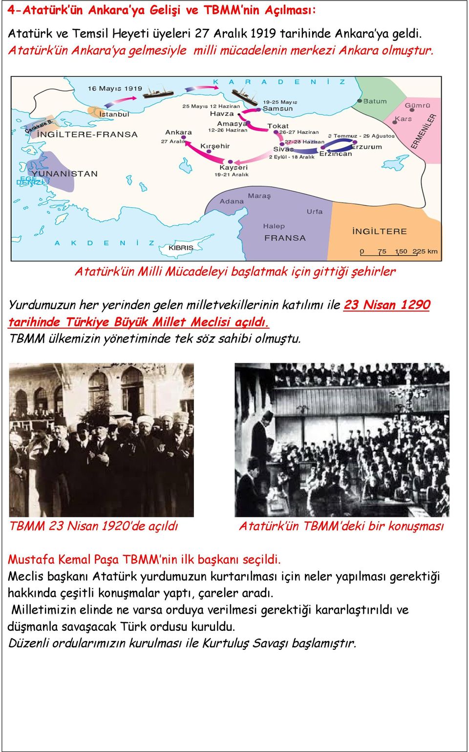 Atatürk ün Milli Mücadeleyi başlatmak için gittiği şehirler Yurdumuzun her yerinden gelen milletvekillerinin katılımı ile 23 Nisan 1290 tarihinde Türkiye Büyük Millet Meclisi açıldı.