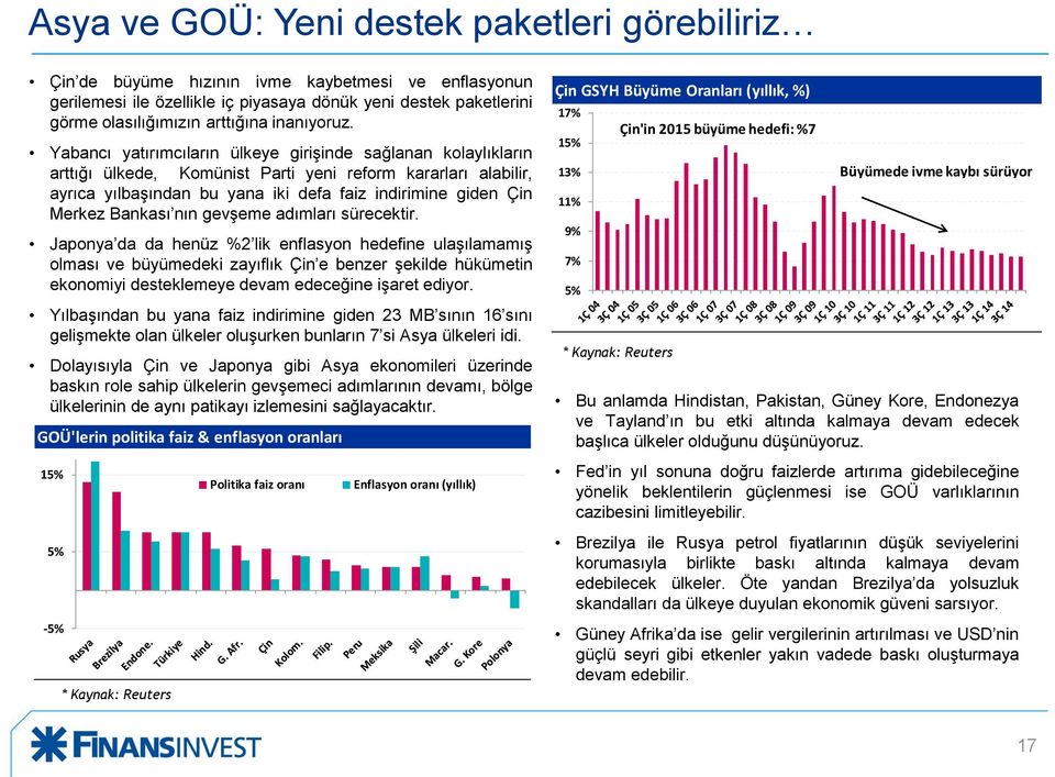 Yabancı yatırımcıların ülkeye girişinde sağlanan kolaylıkların arttığı ülkede, Komünist Parti yeni reform kararları alabilir, ayrıca yılbaşından bu yana iki defa faiz indirimine giden Çin Merkez