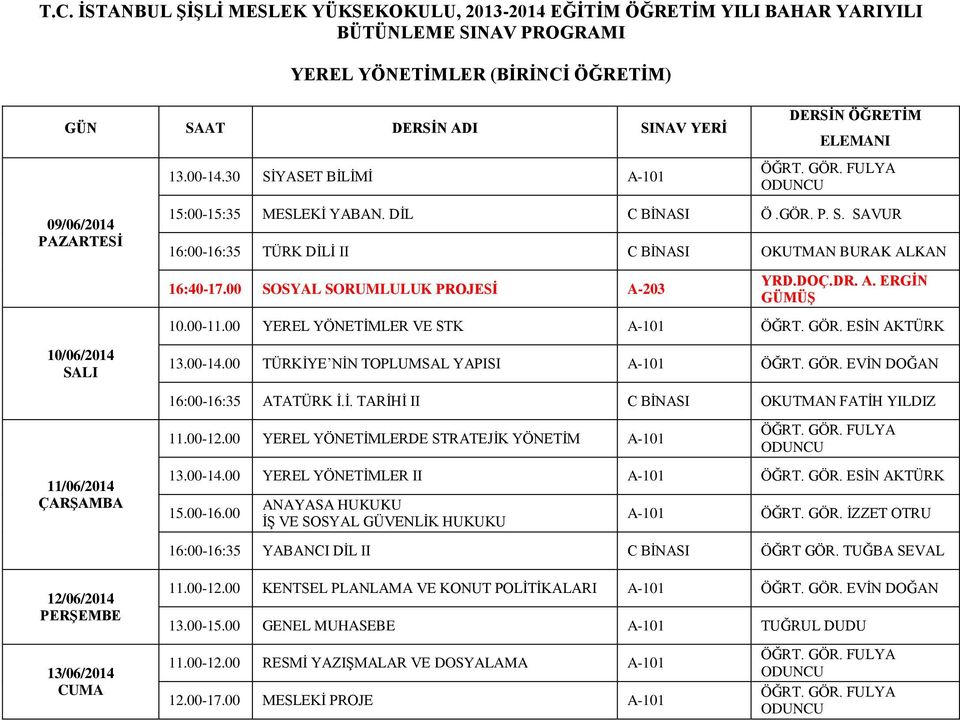 00-12.00 YEREL YÖNETİMLERDE STRATEJİK YÖNETİM A-101 ÖĞRT. GÖR. FULYA ODUNCU 13.00-14.00 YEREL YÖNETİMLER II A-101 ÖĞRT. GÖR. ESİN AKTÜRK 15.00-16.