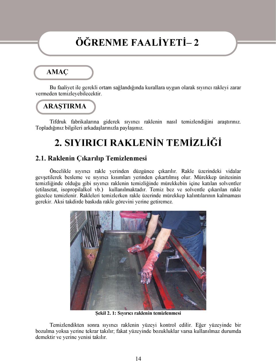 Raklenin Çıkarılıp Temizlenmesi Öncelikle sıyırıcı rakle yerinden düzgünce çıkarılır. Rakle üzerindeki vidalar gevşetilerek besleme ve sıyırıcı kısımları yerinden çıkartılmış olur.