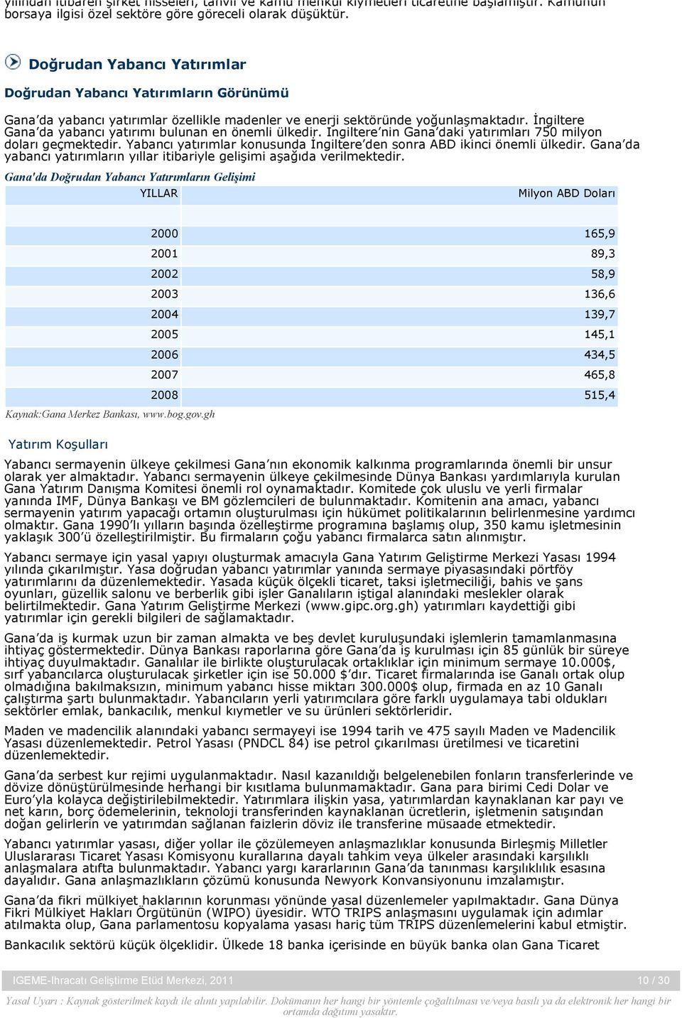 İngiltere Gana da yabancı yatırımı bulunan en önemli ülkedir. Ingiltere nin Gana daki yatırımları 750 milyon doları geçmektedir.